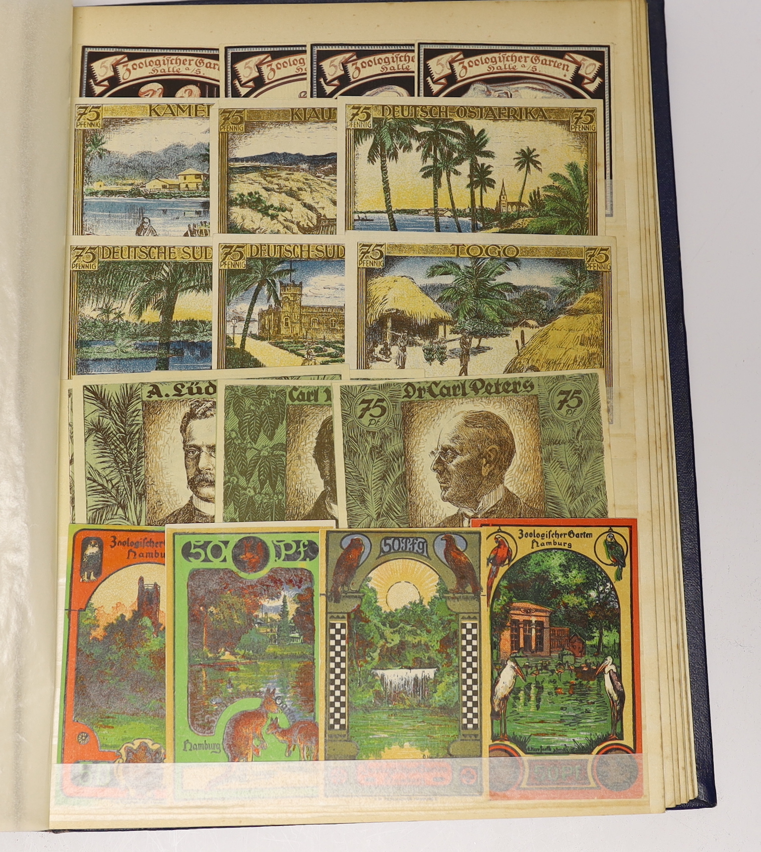 A large collection of German States and City banknotes, 1914-24, and Reichsbank notes from 1904-1948, the majority in near mint condition and a German East Africa one rupee banknote 1 November 1915, in two albums